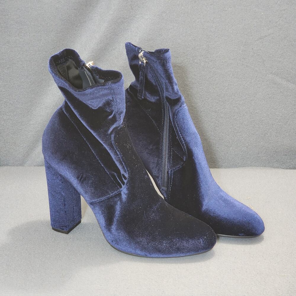 Steve Madden Womens Ankle Boots Booties 7.5 Edit Blue Velvet Side Zip 4" Heel - Picture 2 of 14